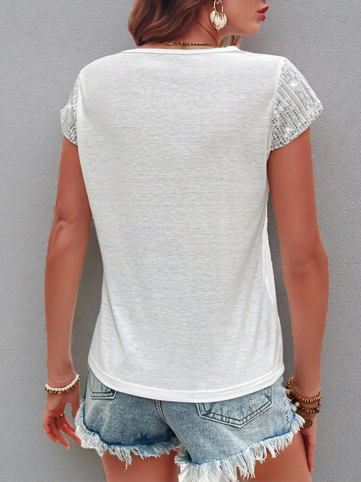 Sequin V-Neck Short Sleeve T-Shirt