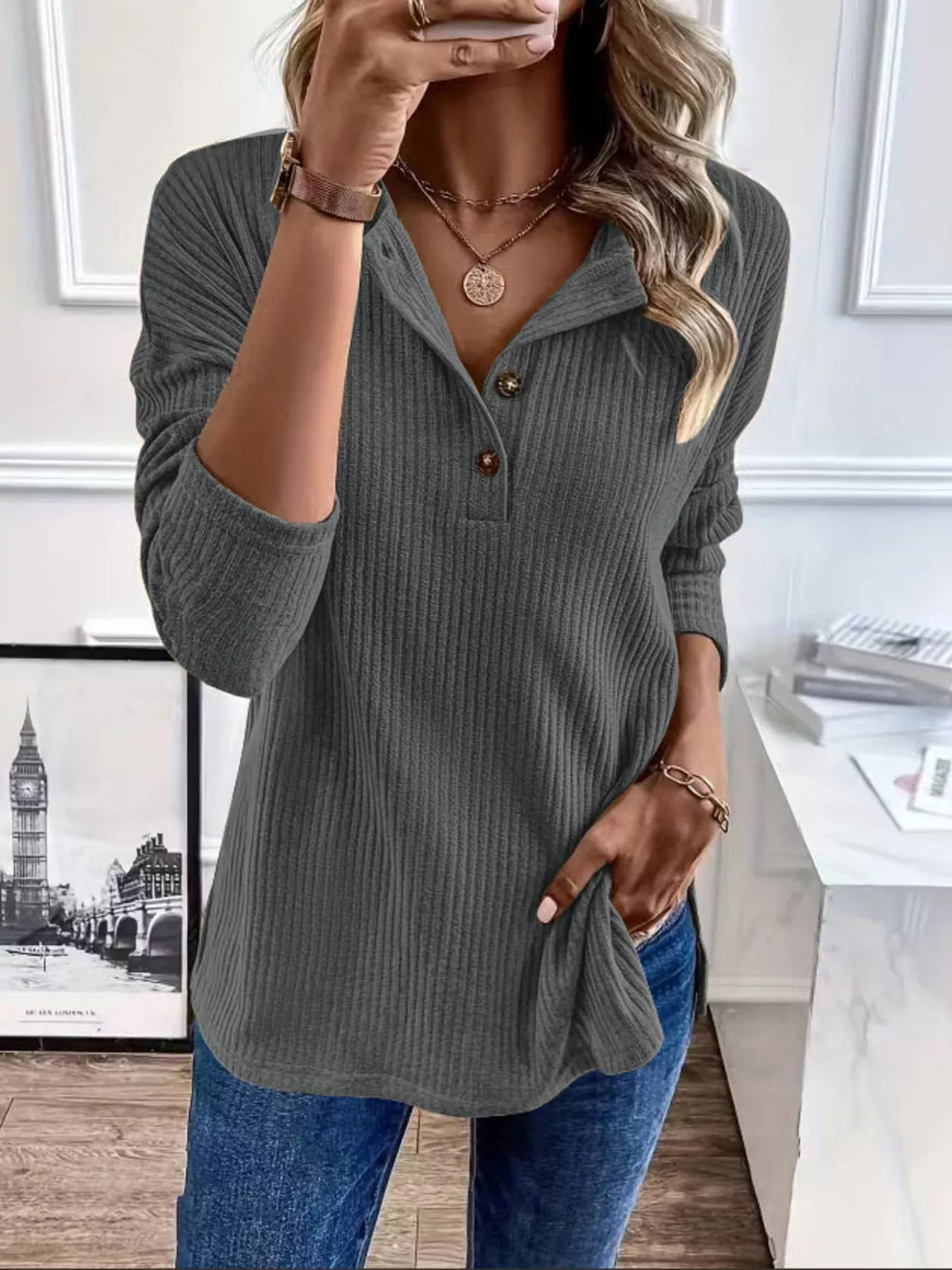 Button-Detail Dropped Shoulder Top