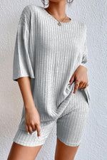 Round Neck Ribbed Top and Shorts Lounge Set - Ladyez