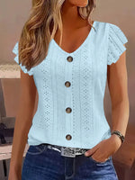 Eyelet Button-Front Flutter Sleeve Top - Ladyez