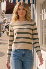Zenana Lightweight Wool Blend Striped Round Neck Sweater