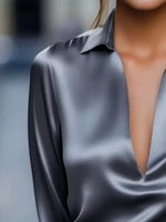 Satin Johnny Collar Long Sleeve Blouse