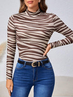 Animal Print Mock Neck Long Sleeve T-Shirt