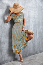 V-Neck Short Sleeve Printed Maxi Dress - Ladyez