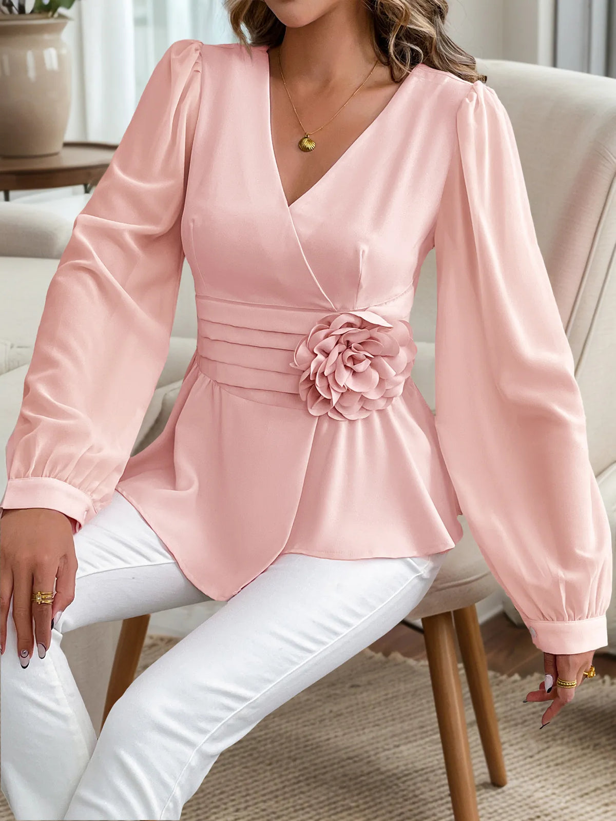 Flower Surplice Long Sleeve Blouse - Ladyez