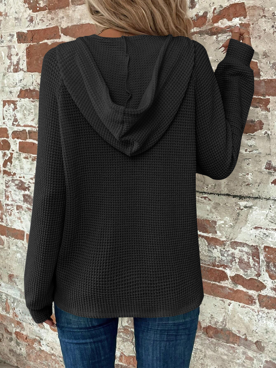 Waffle Knit Long Sleeve Drawstring Hooded Top - Ladyez