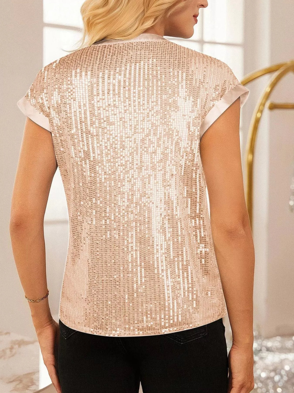 Sequin Notched Cap Sleeve Blouse