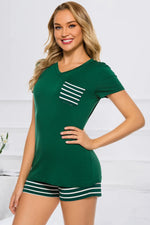 Striped Short Sleeve Top and Shorts Lounge Set - Ladyez