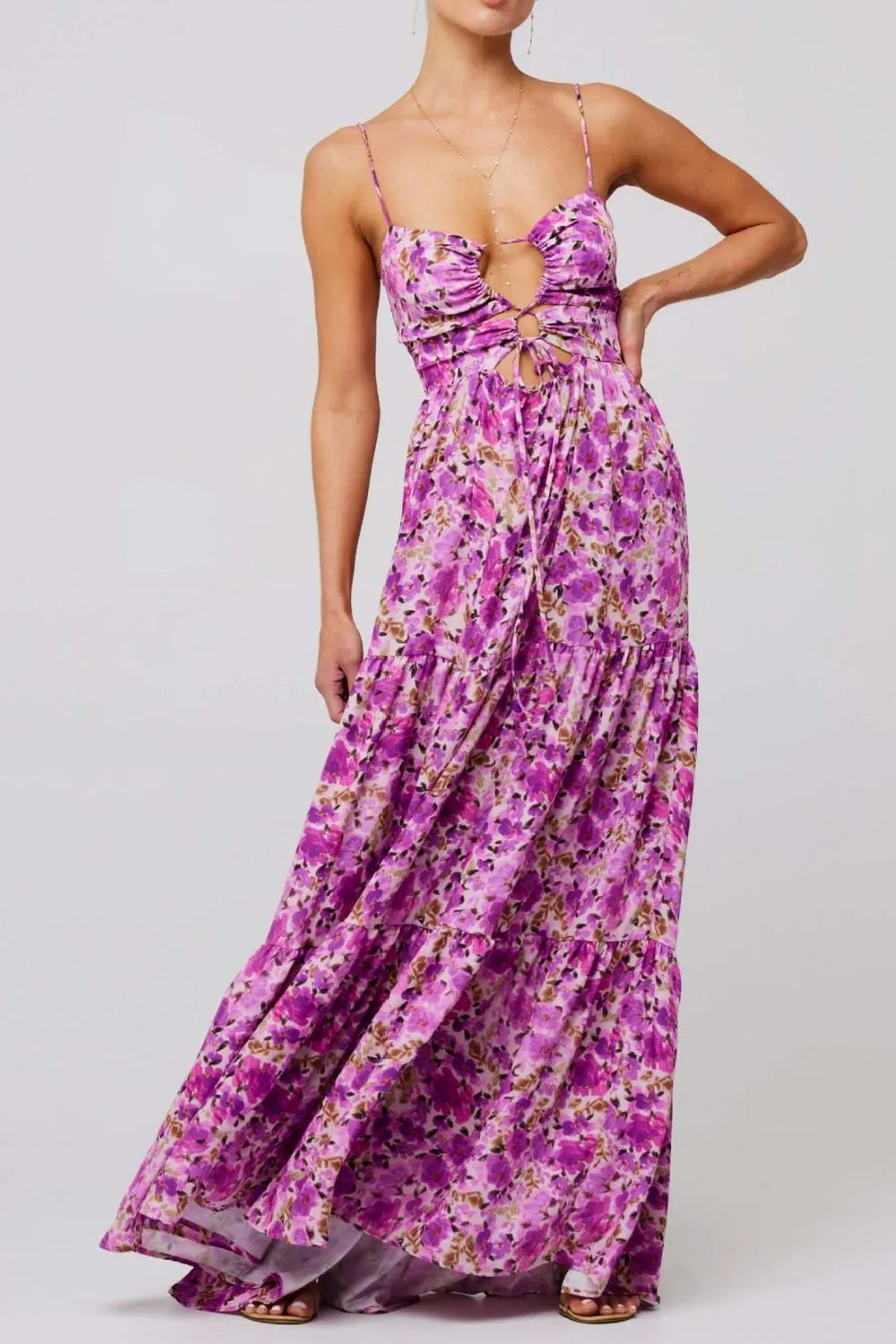 Floral Print Tie Front Tiered Maxi Dress - Ladyez