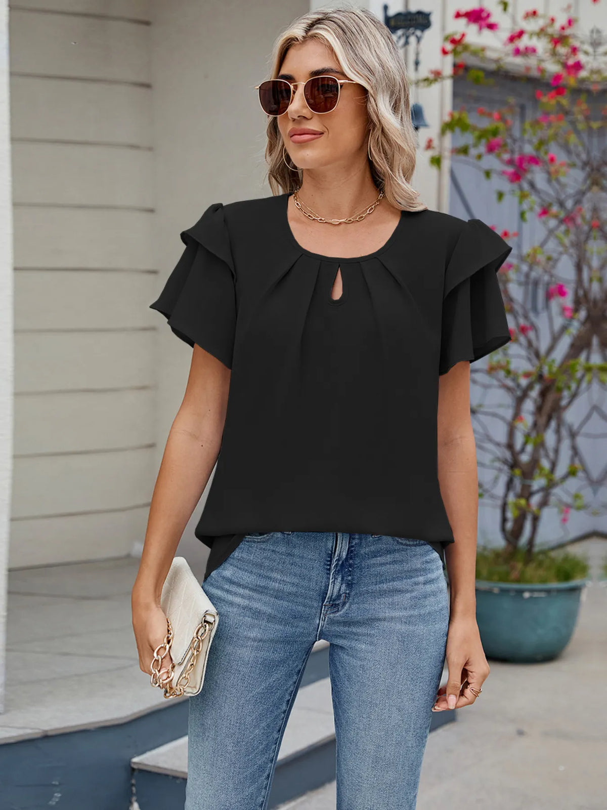 Round Neck Ruffled Layered Sleeve Blouse - Ladyez
