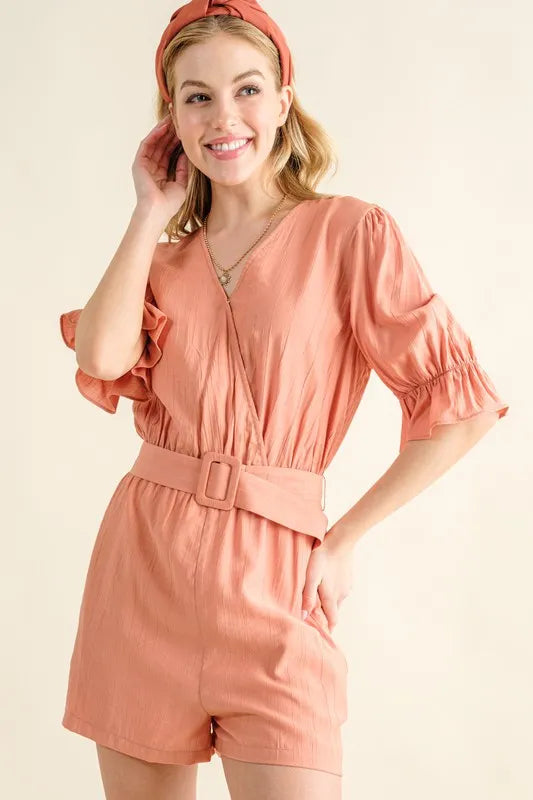 And The Why Flounce Sleeves Romper with Belt - Ladyez