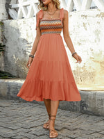 Tie Shoulder Square Neck Tiered Midi Dress - Ladyez