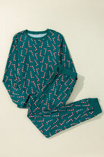 Candy Cane Print Round Neck Top and Pants Lounge Set - Ladyez