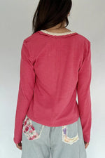 Lace Trim Ribbed Knit Henley Blouse