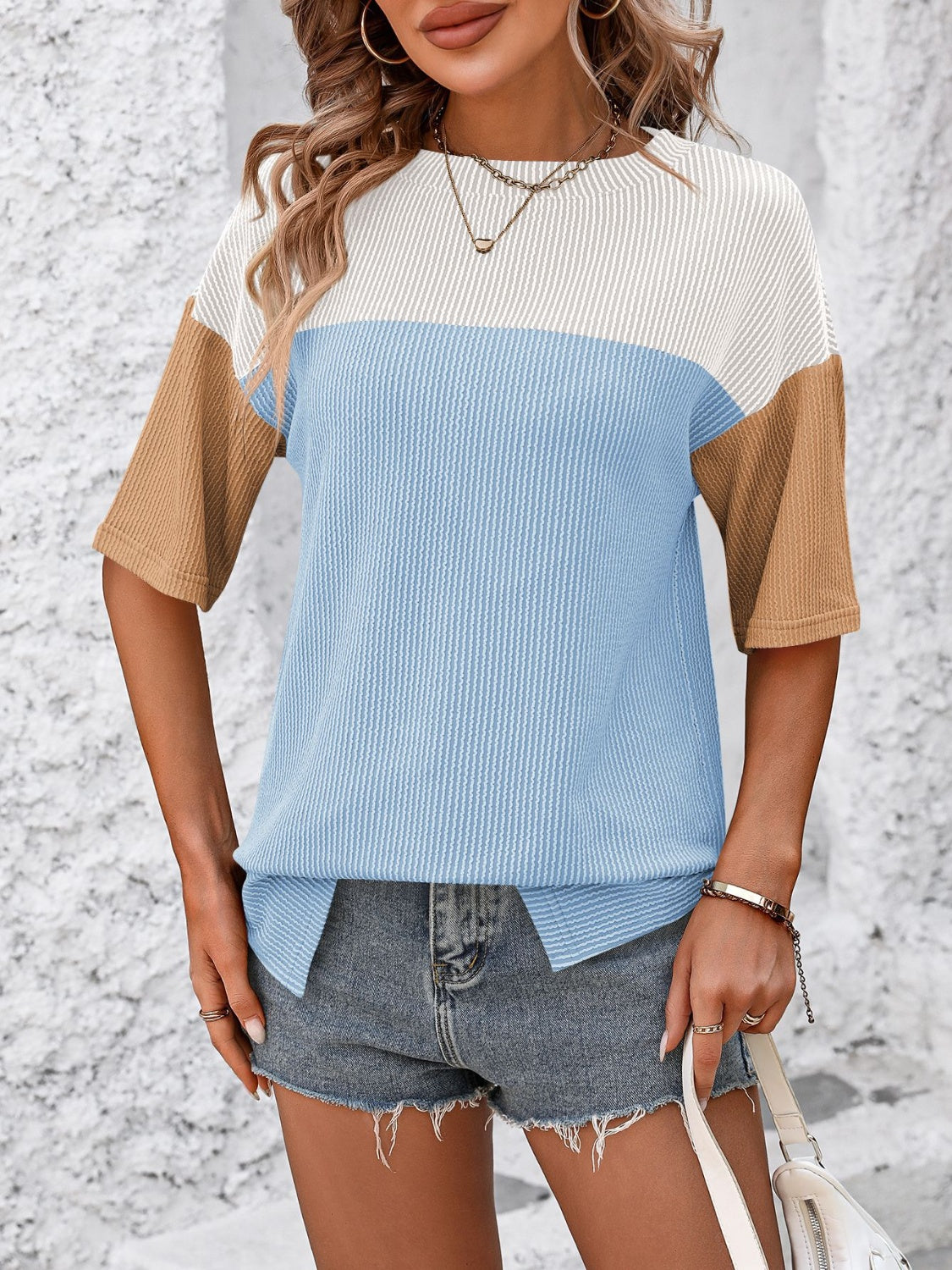Mandy Color Block Round Neck Half Sleeve T-Shirt - Ladyez