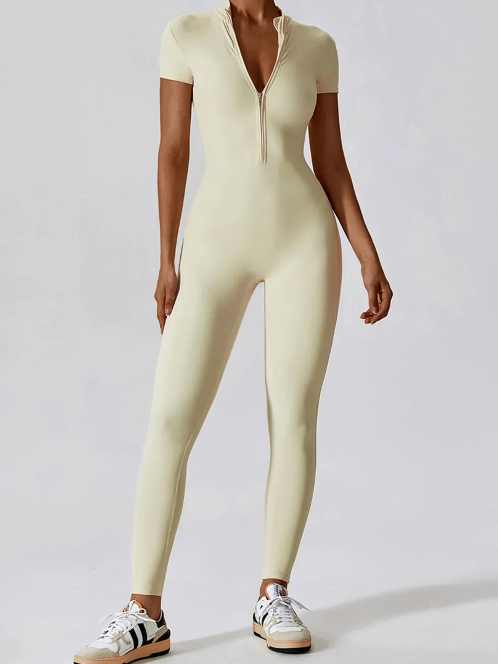 Basic Bae Half Zip Short Sleeve Active Jumpsuit - Ladyez