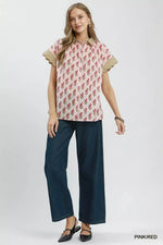 Umgee Block Print Button-Front Shirt with Contrast Stripe Point Collar
