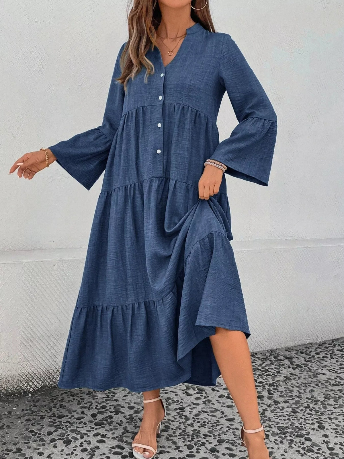 Ruffle Hem Button Front Tiered Dress