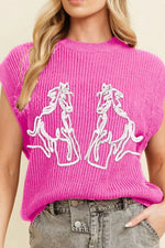Western Horse Embroidered Round Neck Sweater