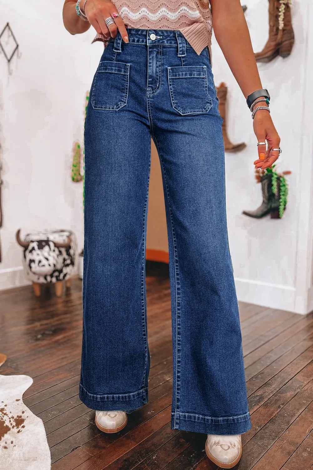Wide Leg Pocketed High Waist Jeans - Ladyez