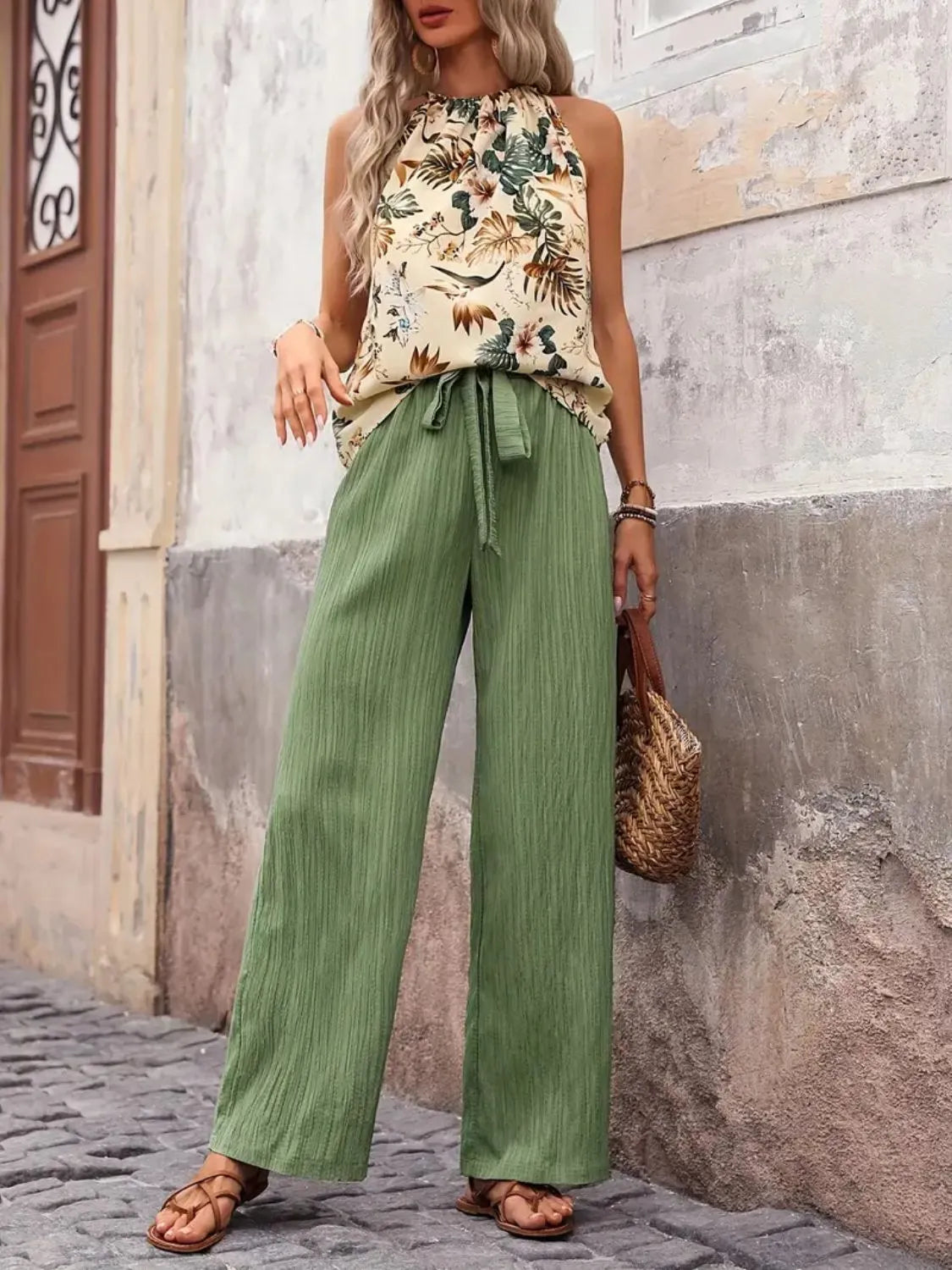 Printed Tank Top and Wide Leg Pants Set - Ladyez