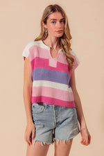 SO ME Multi Color Stripe Loose Fit Cap Sleeve Sweater Top