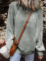 Striped Ribbed Knit Boat Neck Baggy Sweater