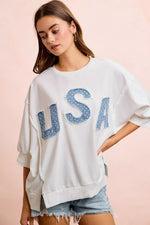 BiBi 4th Of July Usa Letter Patchwork French Terry Top