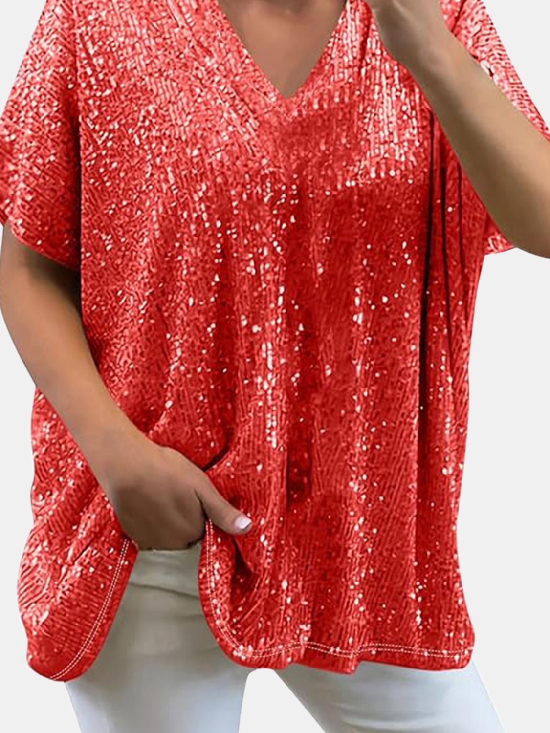 Full Size Sequin V-Neck Short Sleeve Top - Ladyez