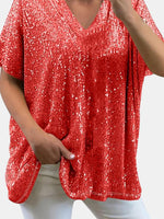 Full Size Sequin V-Neck Short Sleeve Top - Ladyez
