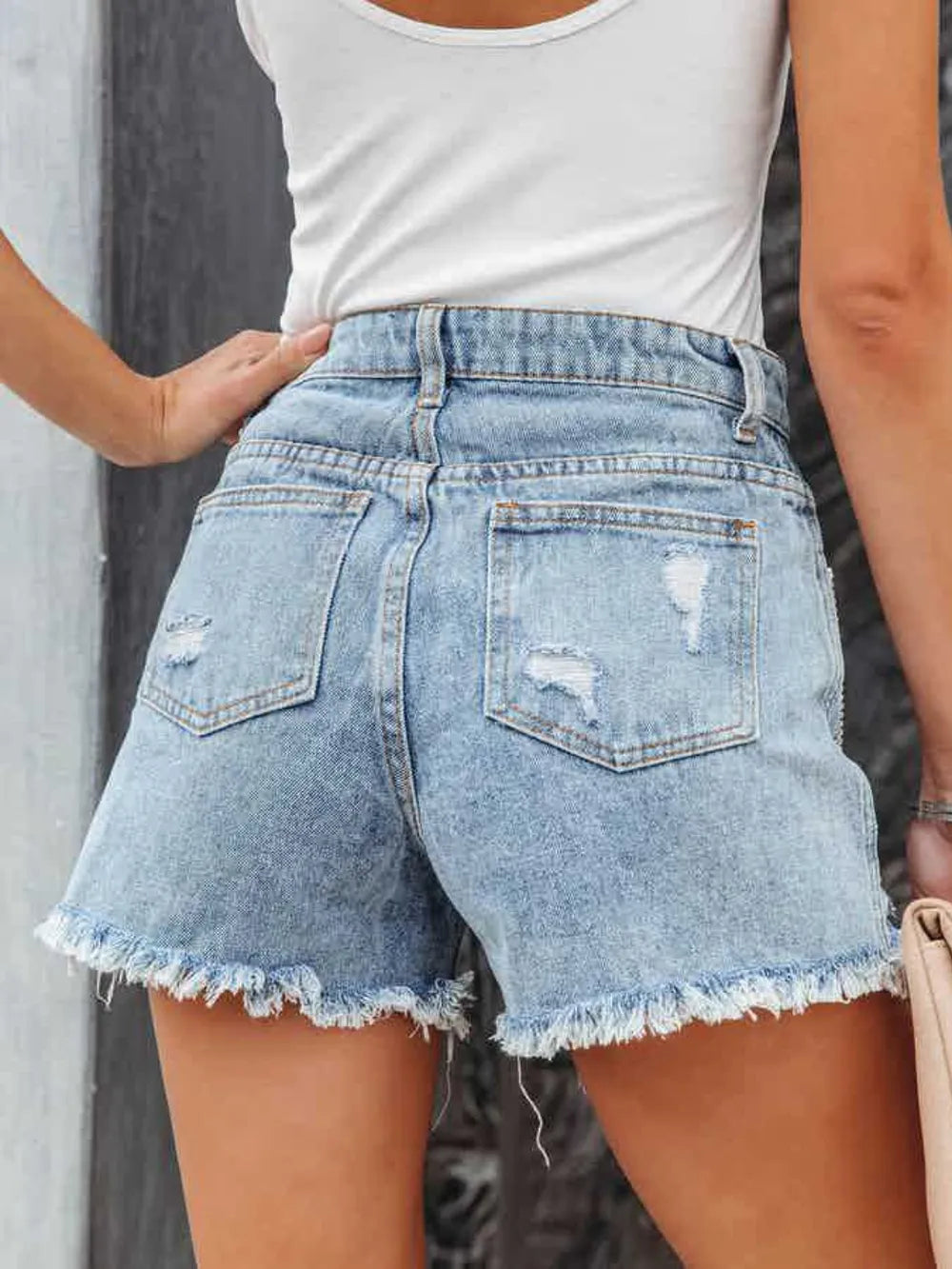 Distressed Fringe Denim Shorts with Pockets - Ladyez