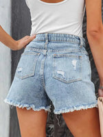 Distressed Fringe Denim Shorts with Pockets - Ladyez