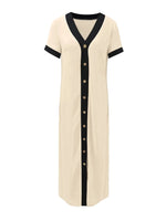 Button-Front Contrast Trim Midi Dress