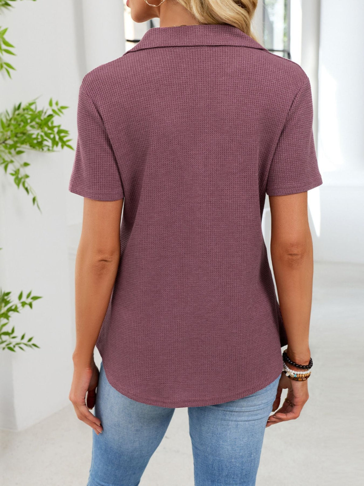 Waffle Knit Button Detail T-Shirt