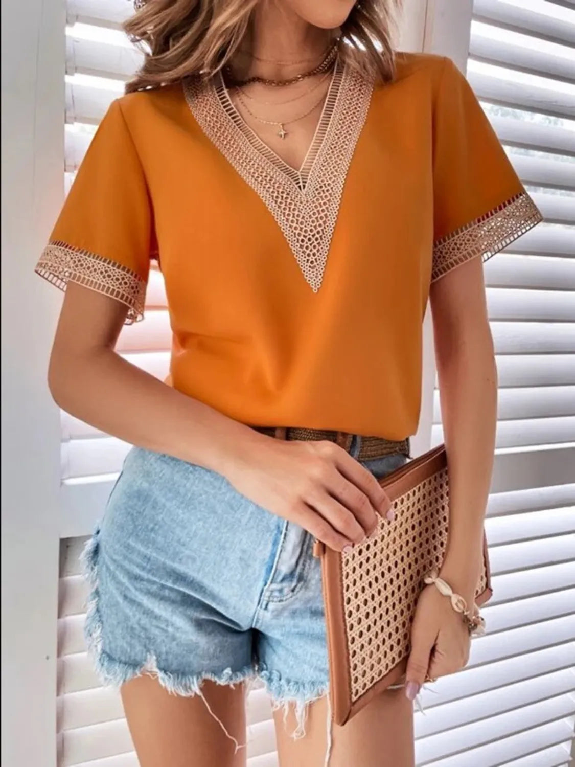 Full Size Contrast V-Neck Short Sleeve Blouse Plus Size