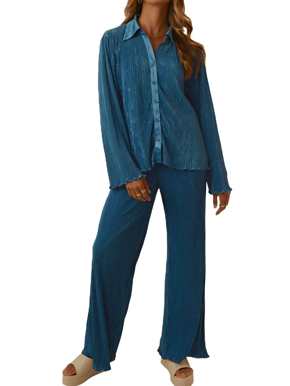 Collared Neck Long Sleeve Top and Pants Lounge Set - Ladyez