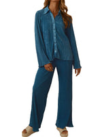 Collared Neck Long Sleeve Top and Pants Lounge Set - Ladyez