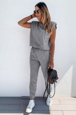 Padded Shoulder Top and Joggers Lounge Set - Ladyez