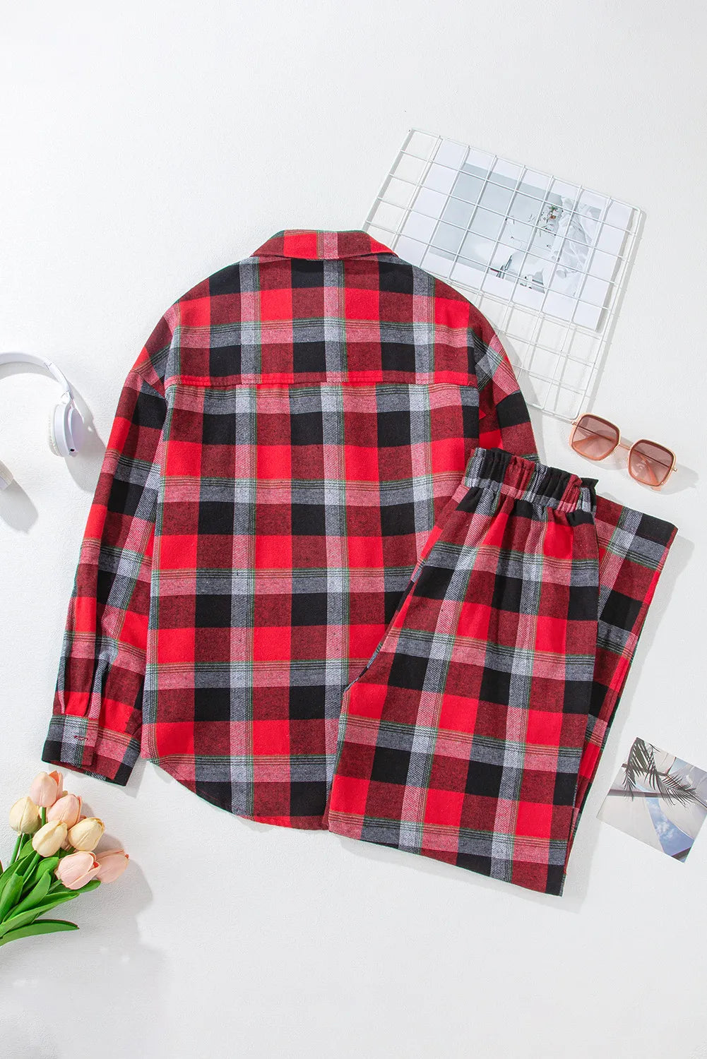 Plaid Long Sleeve Top and Pants Lounge Set - Ladyez