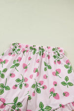 Striped Strawberry Print Lapel Shirt Drawstring Shorts 2pcs Pajama Set