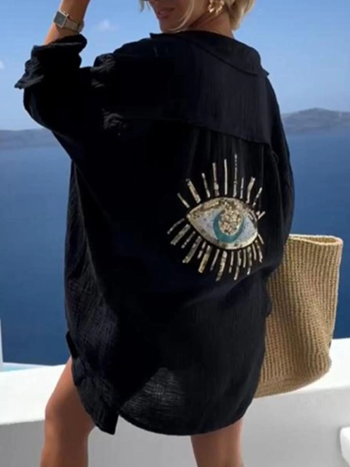 Evil Eye Embroidered Oversized Shirt - Ladyez