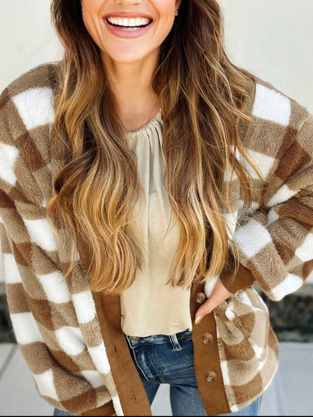 Checkered Sherpa Loose Knit Cardigan with Pockets
