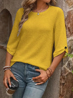Textured Waffle Knit Three-Quarter Sleeve T-Shirt