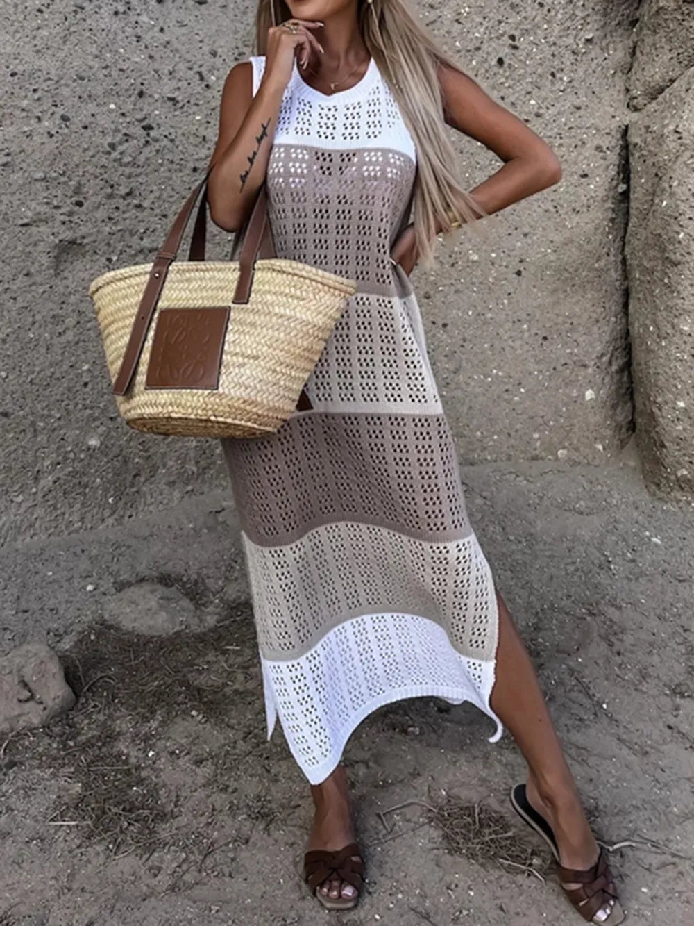 Slit Color Block Wide Strap Cover Up - Ladyez