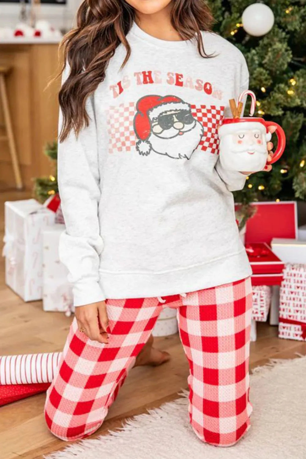 ITS THE SEASON Round Neck Top and Plaid Pants Lounge Set - Ladyez