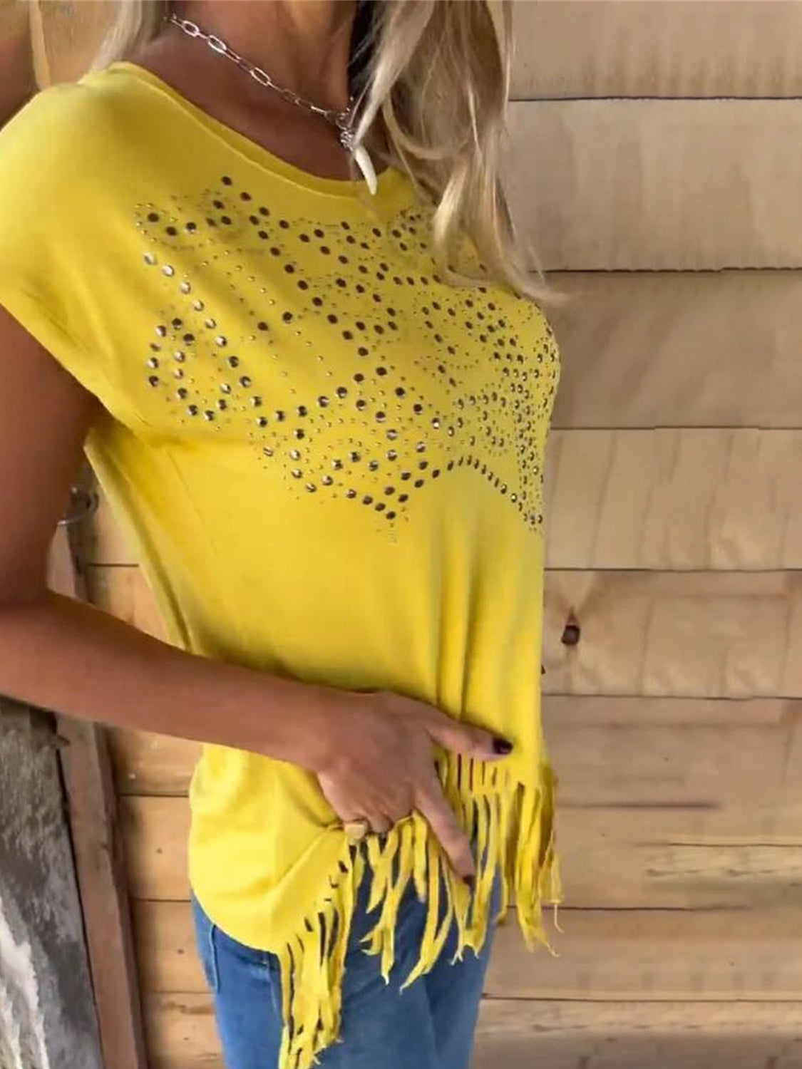Studded Fringe Round Neck Cap Sleeve T-Shirt - Ladyez