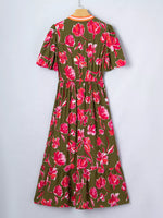 Floral Print Split Neck Short Puff Sleeve Ruffle Hem Dress