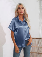 Button Down Collared Neck Short Sleeve Satin Shirt