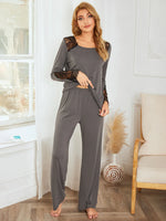 Lace Detail Long Sleeve Top and Pants Lounge Set - Ladyez