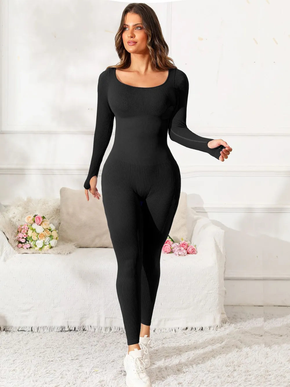 Scoop Neck Long Sleeve Active Jumpsuit - Ladyez